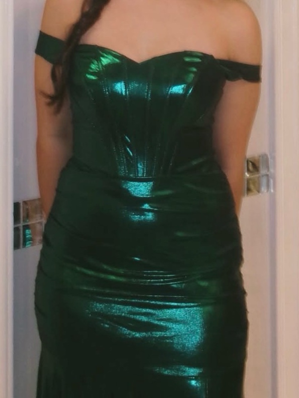 Off-Shoulder Metallic Emerald Green Maxi Dress